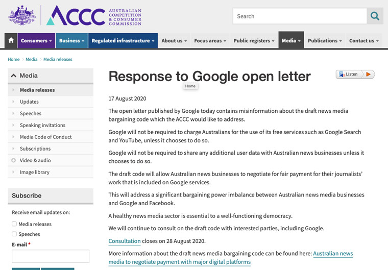 Chair of the ACCC Rod Sims responded quickly to Google's public letter.