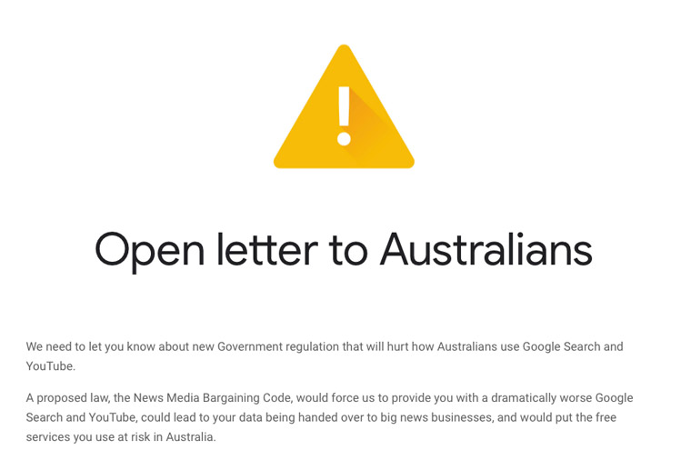 In addition to a letter by Managing Director of Google Australia/New Zealand Mel Silva, Google placed this warning on Australian search pages.