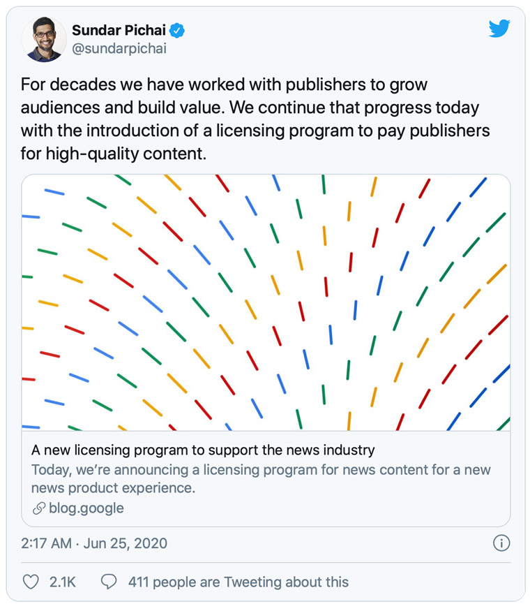 Alphabet CEO Sundar Pichai mentions Google's programme to pay publishers for content. 