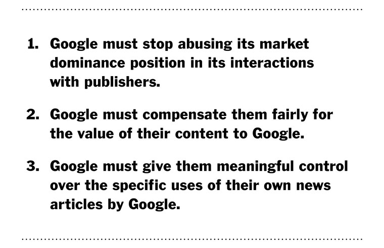 The News Media Alliance made these three demands of Google in a brief sent to the U.S. Justice Department in June.