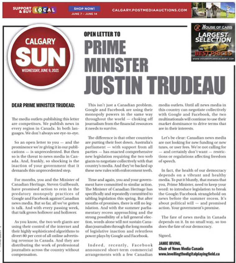 Calgary Sun was among the media companies that published the open latter to Prime Minister Justin Trudeau.