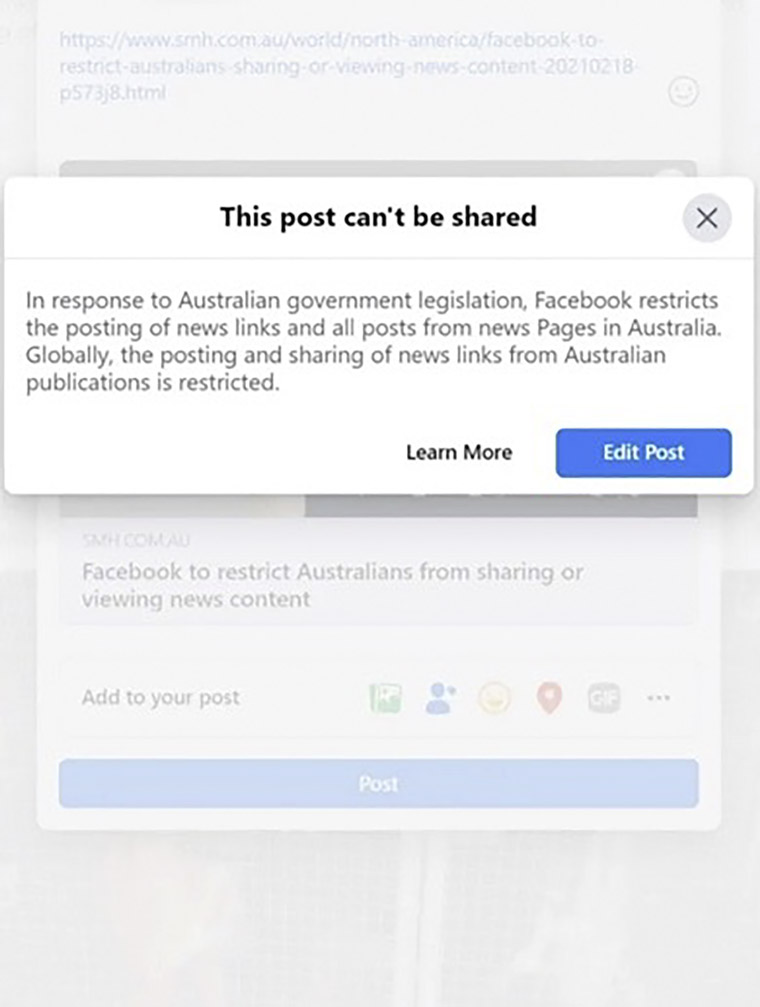 What Australian Facebook customers saw when they tried to access content on the platform.