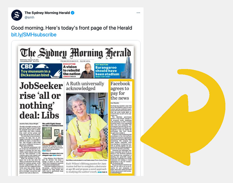 News of the Facebook decision in The Sydney Morning Herald, owned by Nine, which made a content payment deal with Google last week.