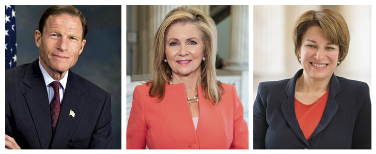 From left to right, U.S. Senators Richard Blumenthal, Marsha Blackburn, and Amy Klobuchar, have introduced the Open App Markets Act.