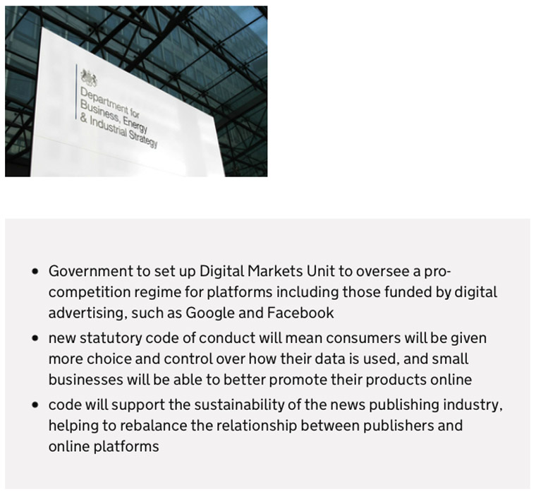 The new Digital Markets Unit (DMU) will oversee a pro-competition regime for platforms like Facebook and Google.