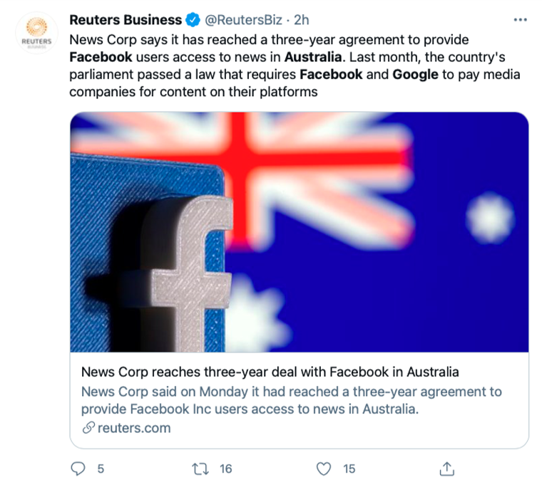 The News Corp deal with Facebook only affects its Australia news companies, unlike its agreement with Google last month.