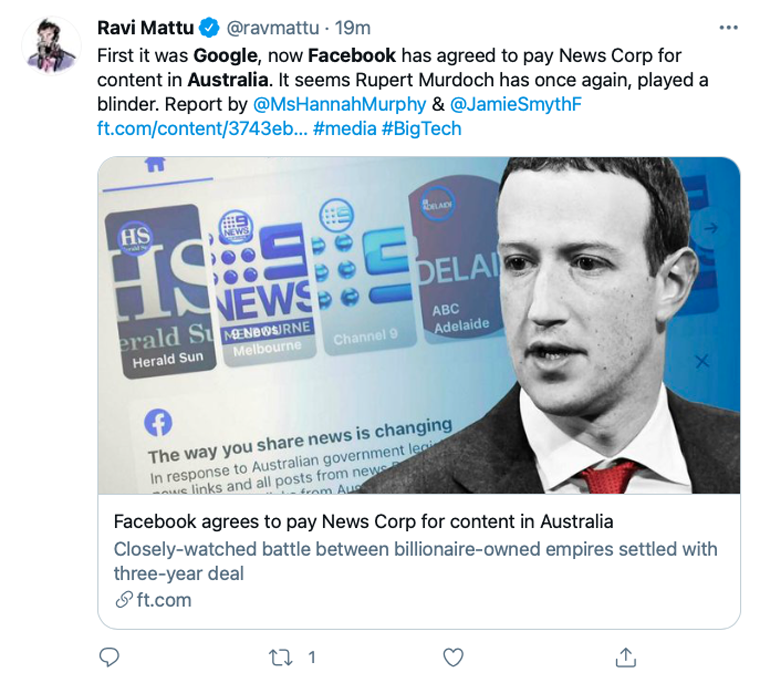 Once again, News Corp is setting the tone for how media works with Big Tech.