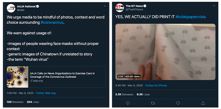 While the Asian American Journalists Association warns about insensitive coverage, The NT News takes a lighthearted approach with a clever print product in response to consumer hoarding of toilet paper during the crisis.