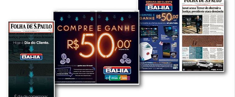 This multi-page print advertising campaign by retailer Casas Bahia is part of a Client’s Day advertising promotion.