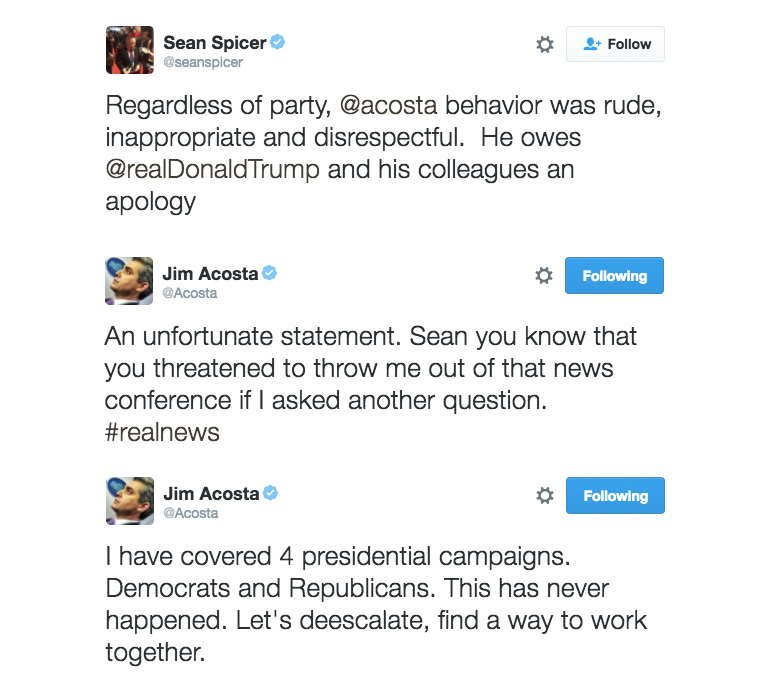 The post-press conference Twitter fight between CNN reporter Jim Acosta and Trump Press Secretary Sean Spicer.
