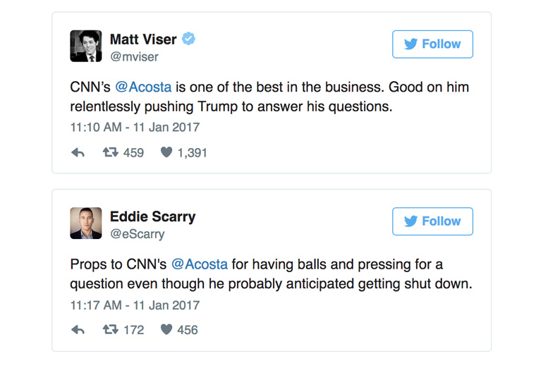 Other journalists defended the reporter after the press conference.