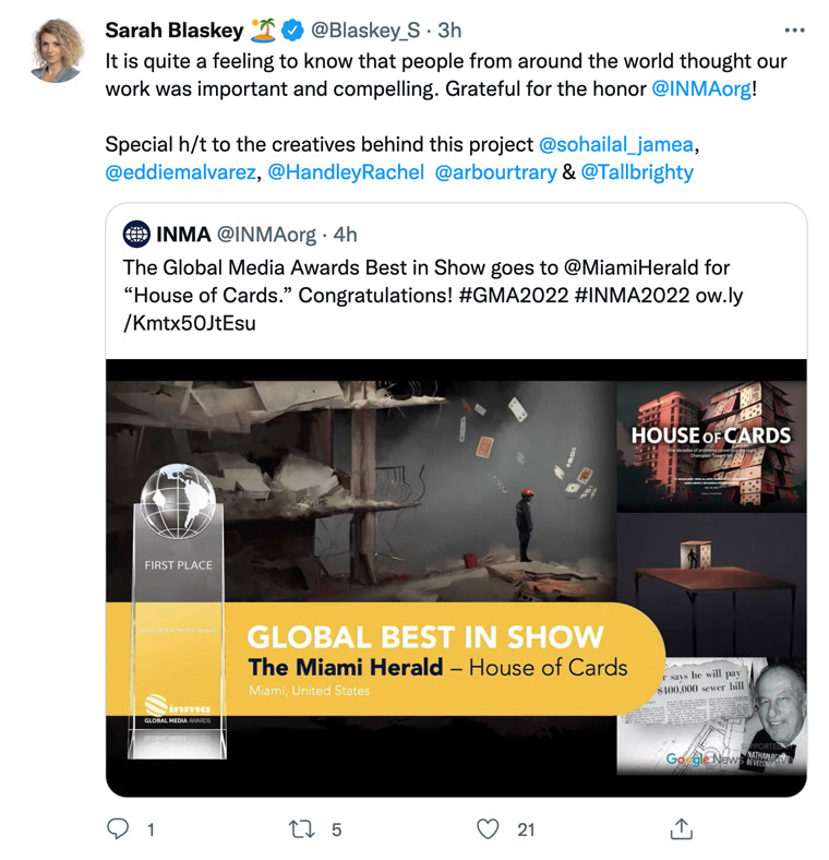 The Miami Herald celebrates as it takes INMA's highest prize: Best in Show.