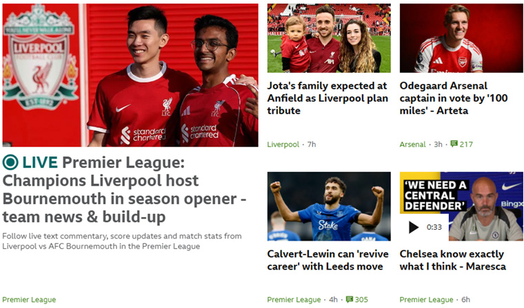 A screenshot of BBC Sport’s football page.