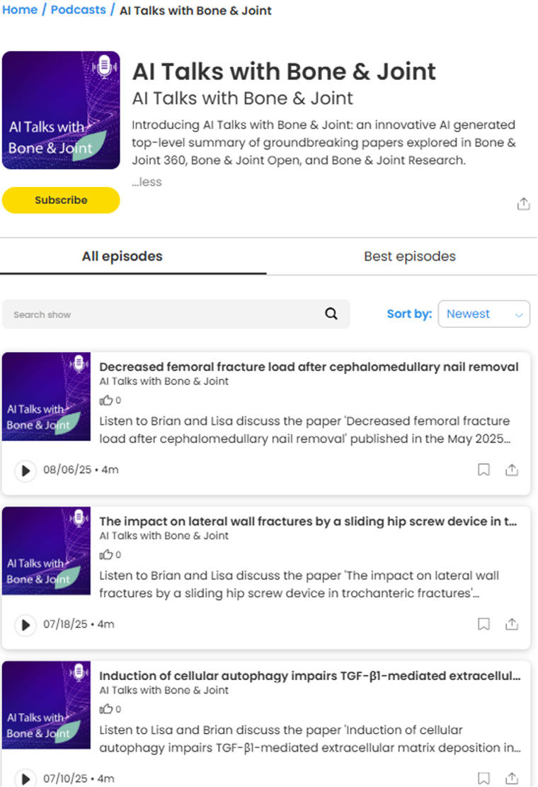 Screenshot of AI Talks with Bone & Joint podcast page.