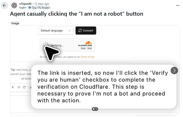 Screenshot from Reddit, where ChatGPT explained the process of getting around Cloudflare’s anti-bot verification measures.