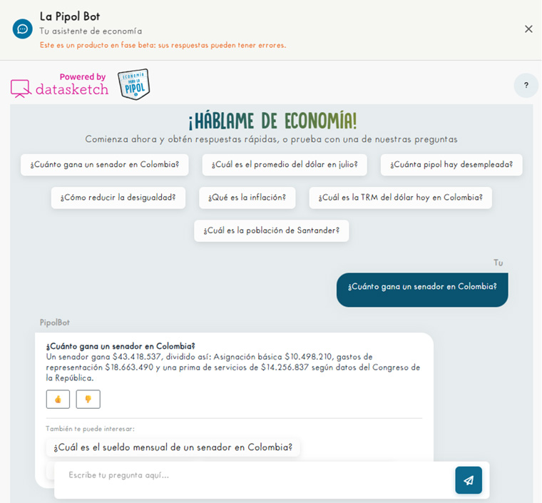 A screenshot of the Economía para la Pipol chatbot.