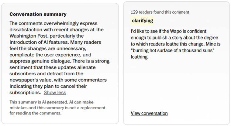 Screenshots from the comments on the blog post announcing Washington Post Conversations.