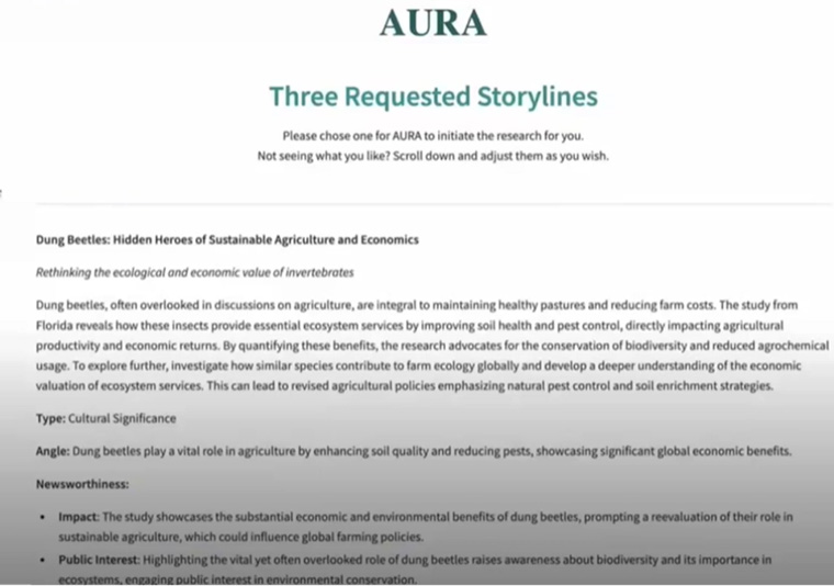 Screenshot of AURA, an AI research tool developed by four news organisations.