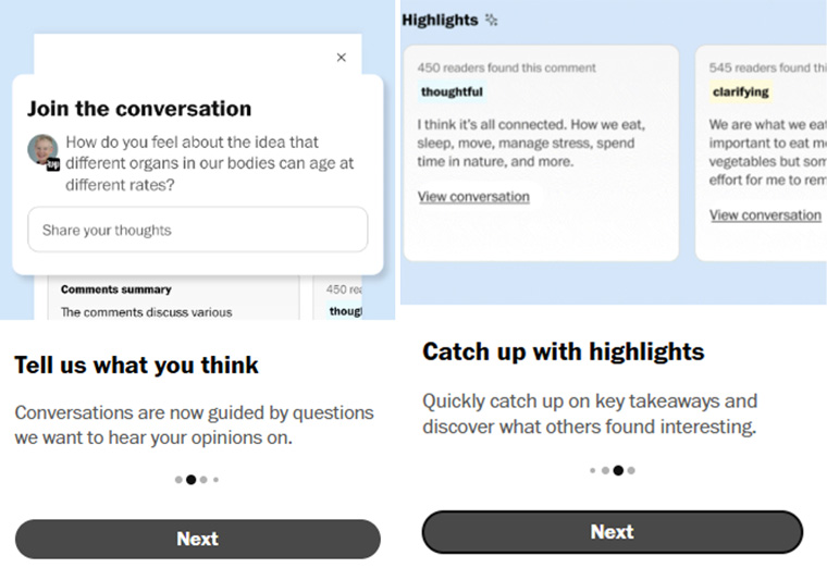 Screenshots from The Washington Post demonstrating its AI-driven commenting features.