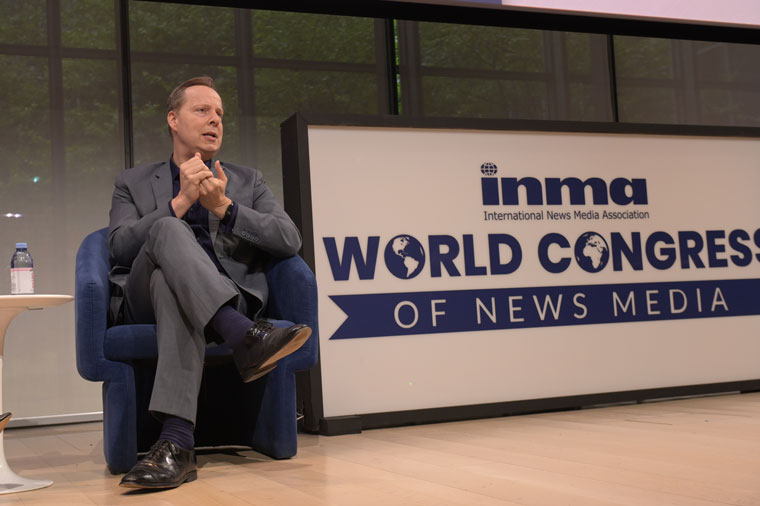 Dow Jones CEO Almar Latour speaking at the World Congress of News Media in New York.