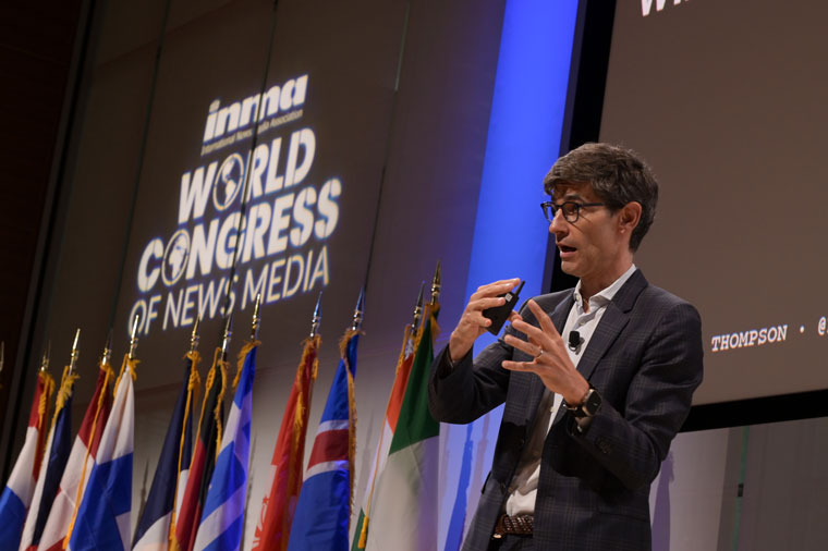 The Atlantic CEO Nick Thompson speaking at the World Congress of News Media in New York.