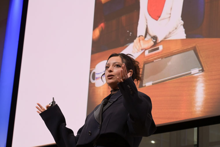 Content creator Noor Tagouri speaking at the World Congress of News Media in New York.