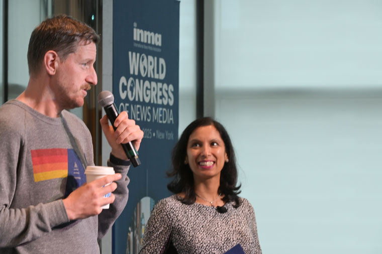 Der Spiegel CEO Stefan Ottlitz speaking at the World Congress of News Media in New York, with INMA GenAI Initiative lead Sonali Verma looking on.