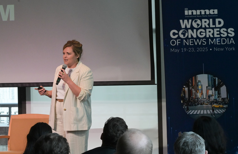 Jessica Bulthé, chief data and insights officer at Mediahuis, presenting at the GenAI seminar at the INMA World Congress in New York in May.
