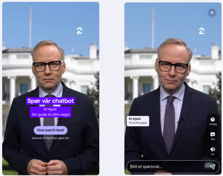 Screenshots of the KI-Kjetil chatbot taken from TV 2’s Web site.