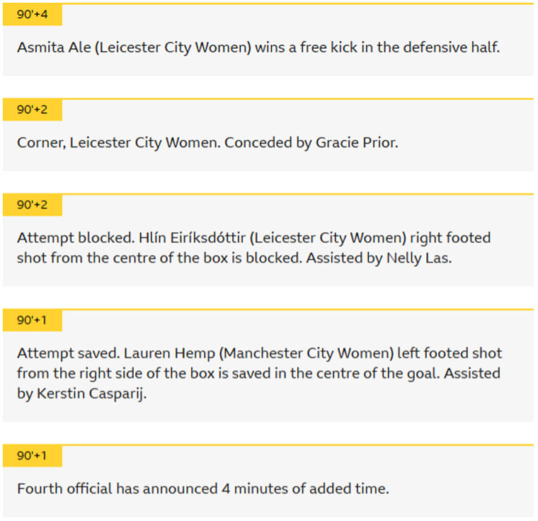 A screenshot of a BBC sports live page.