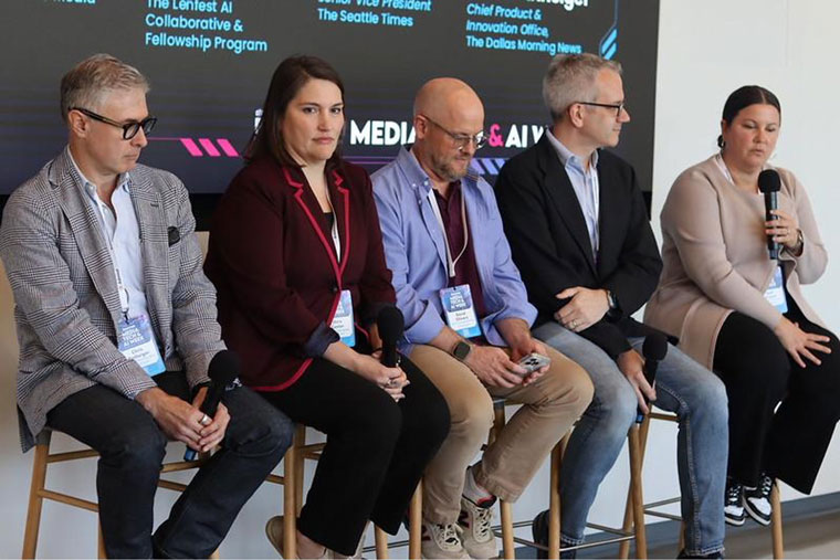 Kati Erwert (far right), senior vice president at The Seattle Times, speaks at INMA Media Tech and AI Week.