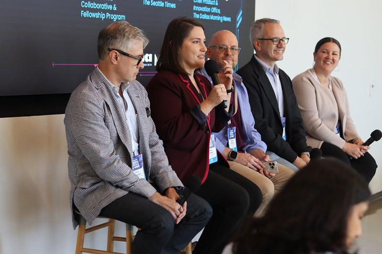 Shira Center (second from left), vice president of innovation and strategic initiatives at Boston Globe Media, speaks at INMA Media Tech and AI Week.
