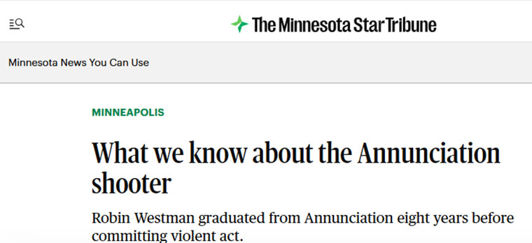 The headline and deck on a Minnesota Star Tribune article about the mass shooting in August.