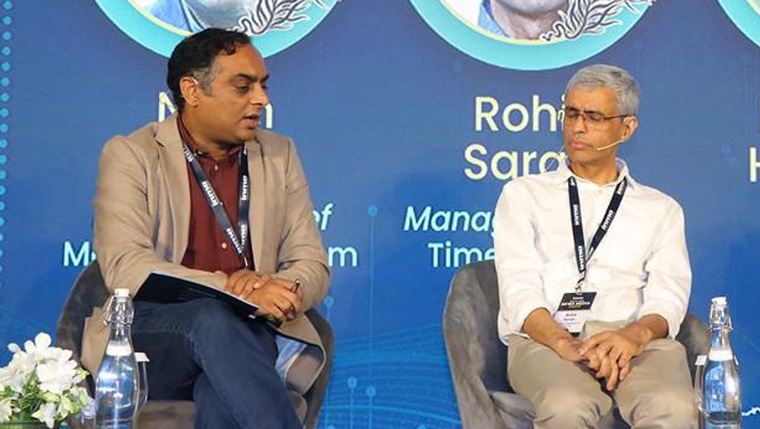 Nalin Mehta, editor-in-chief of MoneyControl.com, and Rohit Saran, managing editor of the Times of India, discuss AI in their newsrooms at the INMA South Asia Media Festival in New Delhi.