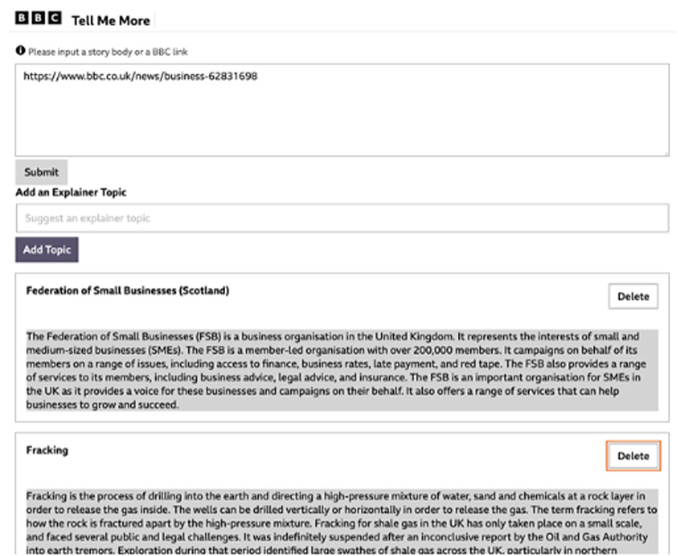 Screenshot of the Tell Me More tool from the BBC Labs Web site.