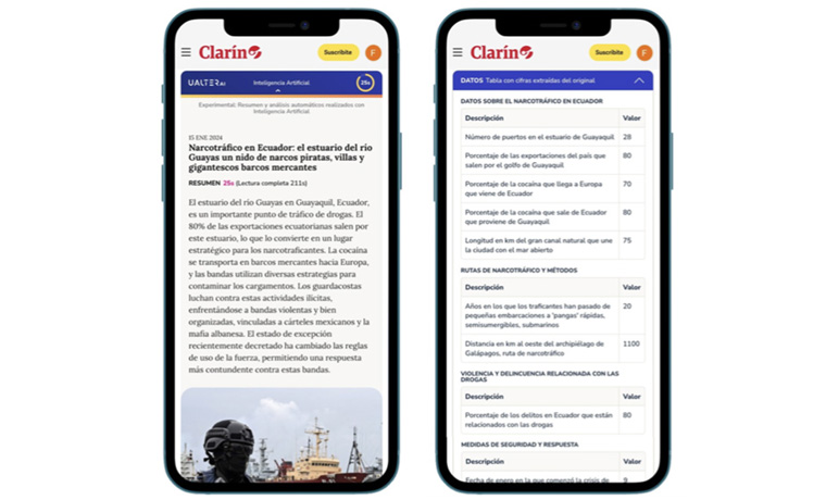 Clarin’s UalterAI allows the reader to pick from a range of different summarisation options.