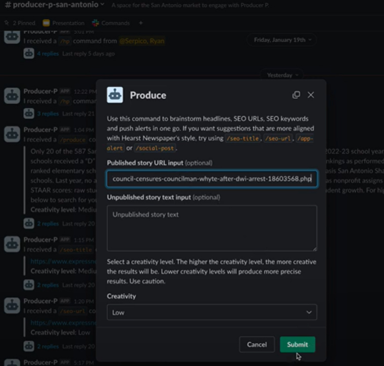 A screenshot of Hearst Newspapers’ Producer-P GenAI tool for editors in Slack.