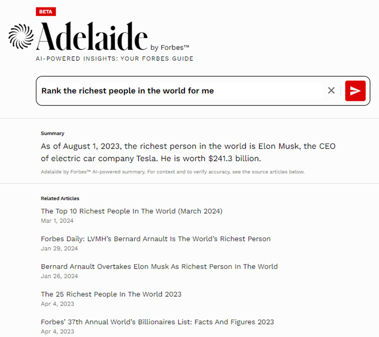 Adelaide, Forbes’ chatbot, answers a user’s request.
