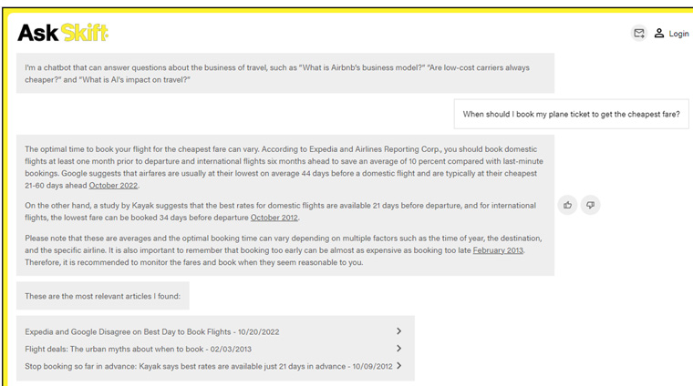 Ask Skift, a chatbot built by travel site Skift, answers a question from a user.