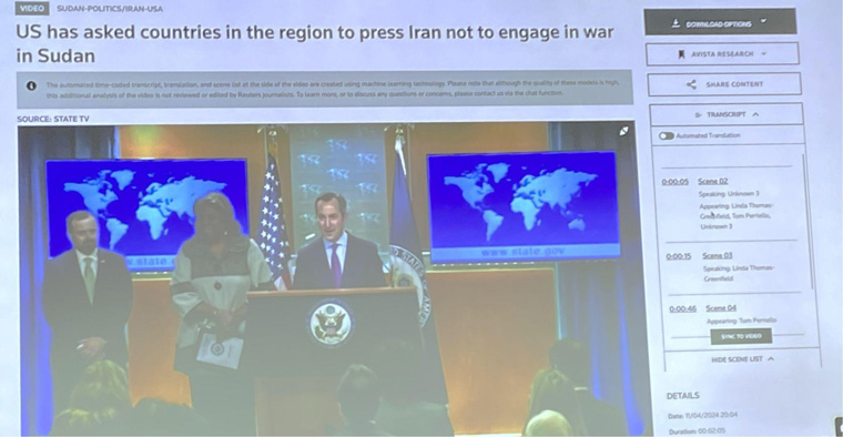 A photograph of Reuters’ video transcription tool that uses GenAI to show who is speaking and who is present in every scene of a video.