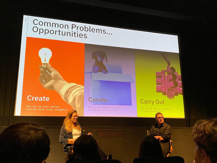 Fox CTO Melody Hildebrandt and Tubi Media Group CEO Paul Cheesbrough share the stage at a stop on the INMA Los Angeles study tour.