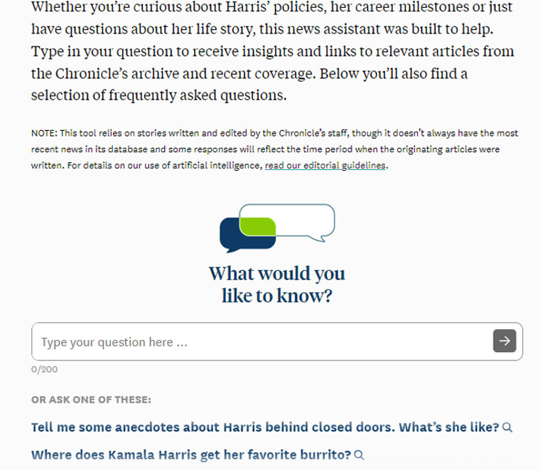 Screenshot of the Kamalabot from the San Francisco Chronicle.