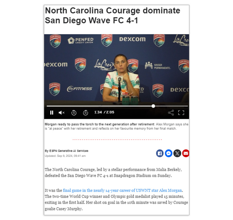 Screenshot of an ESPN AI-generated article from ESPN’s site.