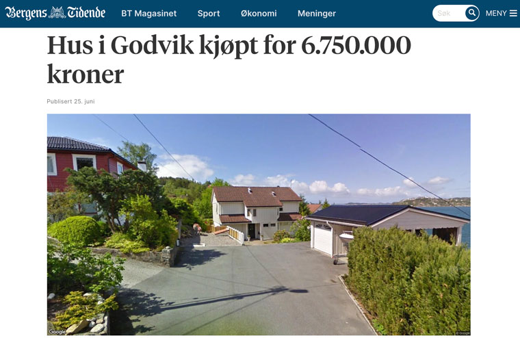 The headlined primary story of the house sale includes data from two separate sources as well as an image from Google Street View.