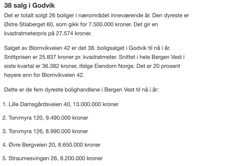 The second text section talks about home sales in the neighbourhood and lists the top five most expensive ones this year.