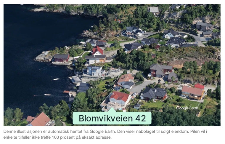 The home sales text is accompanied by a frame from an automatically generated Google Earth drone video with a pinned label for the property in question.
