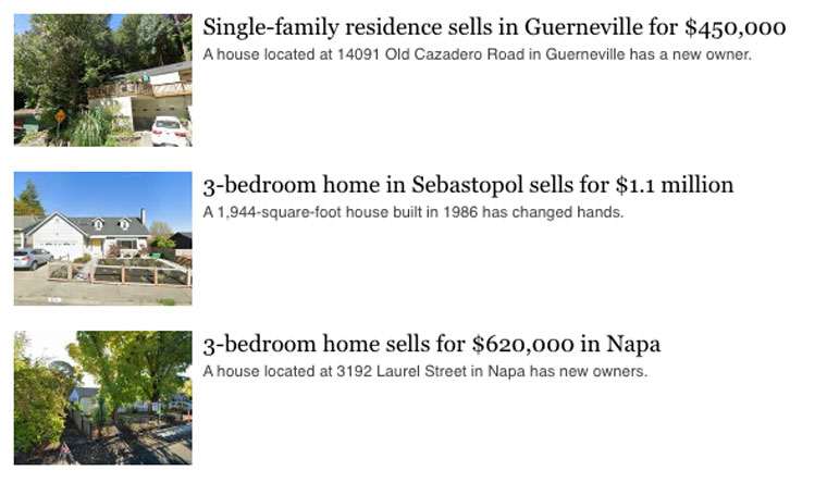 These examples of articles about price trends over time and recently sold properties published by the Press Democrat in California are representative of the kinds of articles automation can create.
