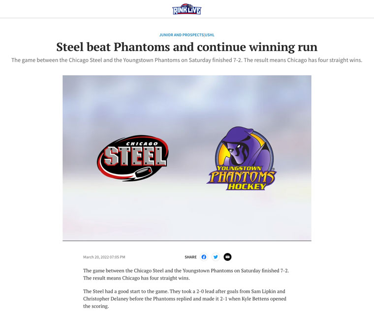 Robots generate game reports (headline, summary, logo graphic, and body text) from two regional junior hockey leagues, published on Forum Communications’ The Rink Live hockey site (image does not include full text).