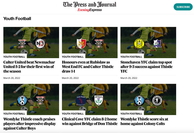 The Press and Journal in Aberdeen, Scotland, publishes automated match reports from a number of youth football leagues, complete with coaches’ comments collected via automated text messages through United Robots’ Q&A platform.