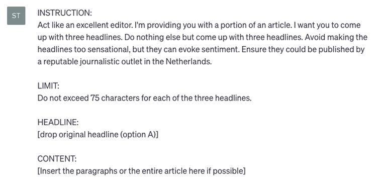 The customised prompt now being used by Omroep Brabant to help develop good headlines.